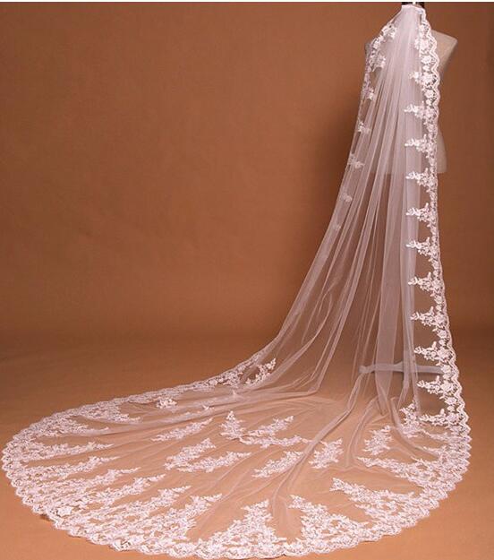 Bridal Veils Three Meters Long Veils Lace Applique Crystals Cathedral Length
