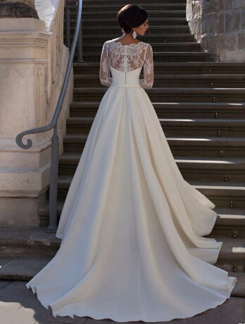 2019 Modest Long Sleeve Wedding Dresses Scalloped V Neck A Line Ivory Lace and Satin Vestidos De Novia Bridal Gowns Custom Made China