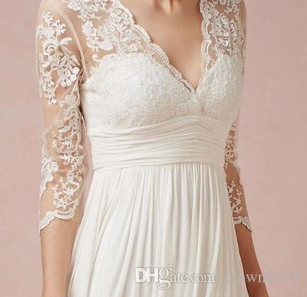 3/4 Long Sleeve Short Beach Lace Wedding Dresses With V-Neck Ruffles Knee Length Empire Backless Chiffon Summer Bridal Gowns New Fashion