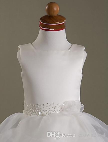 2022 Princess Dresses White Little Girls Fashion Square Neckline Layered Tea-length Beaded Satin Organza Ball Gown Flower Girl Dresses