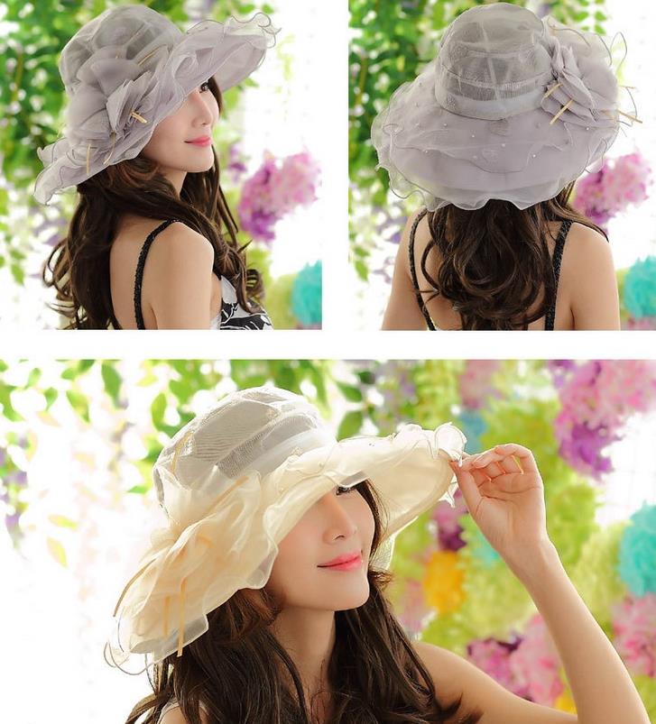 Women Fascinator Oranza lace Flower Wide Brim Hat Kentucky Derby Church Evening Dress Hat Cocktail Party Bridal Wedding cap beach Sun Hat