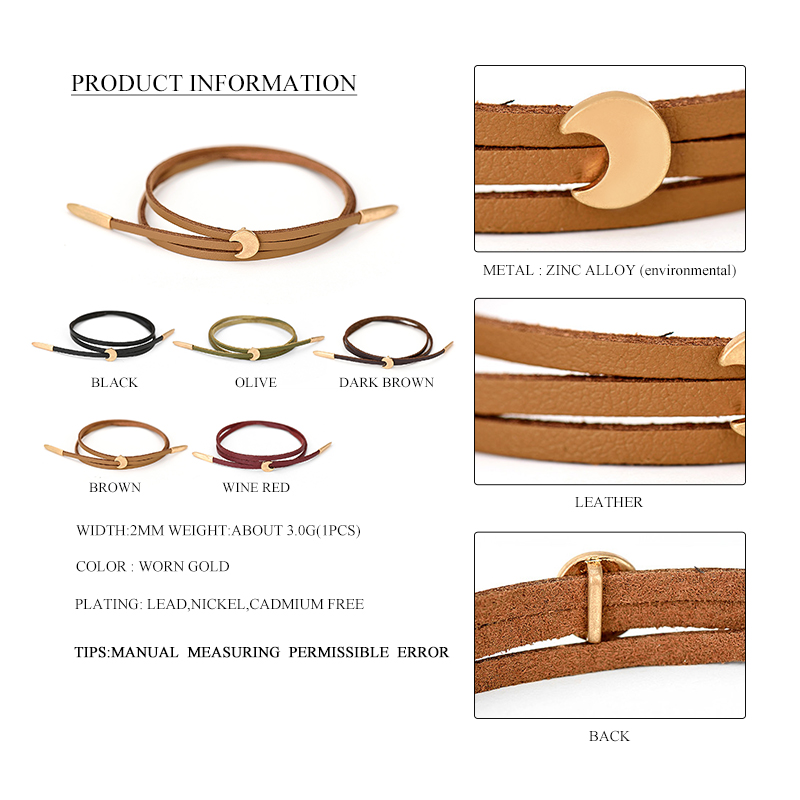Wholesale- Women New Double Layer PU Leather Bracelets Vintage Worn Gold Zinc Alloy Moon Pendant Adjustable Charm Bangles Jewelry Female