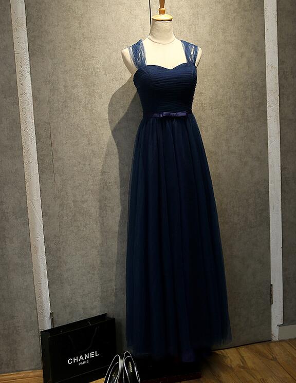 Dark Navy Bridesmaid Dresses Tulle Long Wedding Party Dress Evening Party Dresses Lace-up or Zipper Back as you want