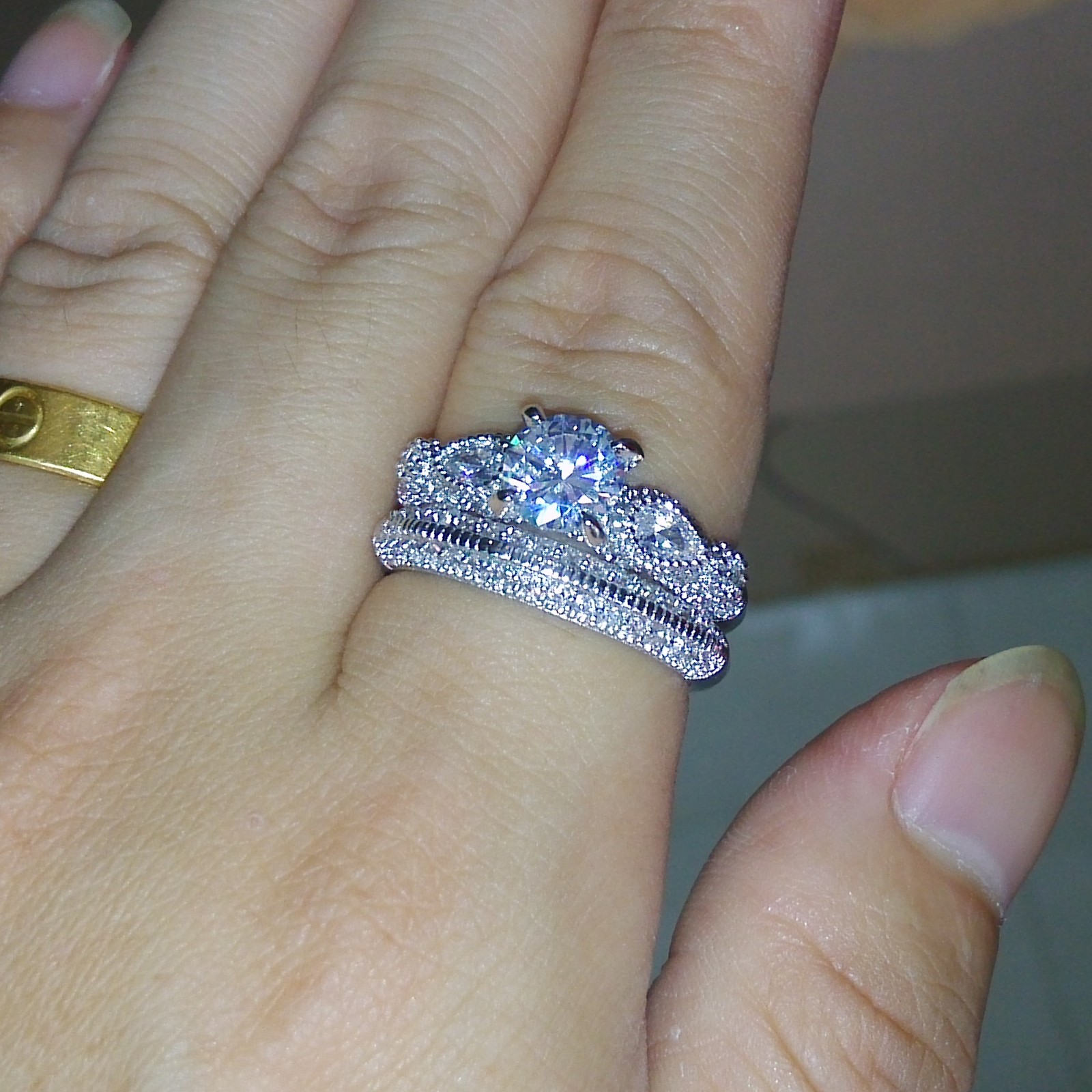 Sterg Sier Round Cut Simulated Dia Wedding Engagement Ring Set for Women Size 5-11, Pave Prong Setting, Cubic Zirconia, White Topaz & CZ, Bohemian Sty