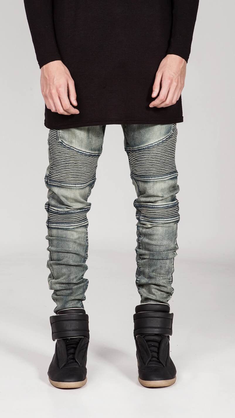 new mens Biker Jeans Motorcycle Slim Fit Washed yellow Black Grey Blue Moto Denim skinny Elastic Pants Joggers For Men jeans