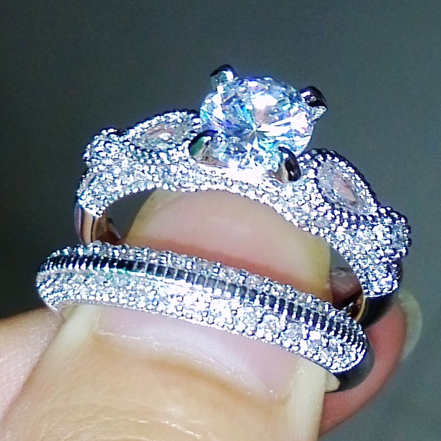 Sterg Sier Round Cut Simulated Dia Wedding Engagement Ring Set for Women Size 5-11, Pave Prong Setting, Cubic Zirconia, White Topaz & CZ, Bohemian Sty