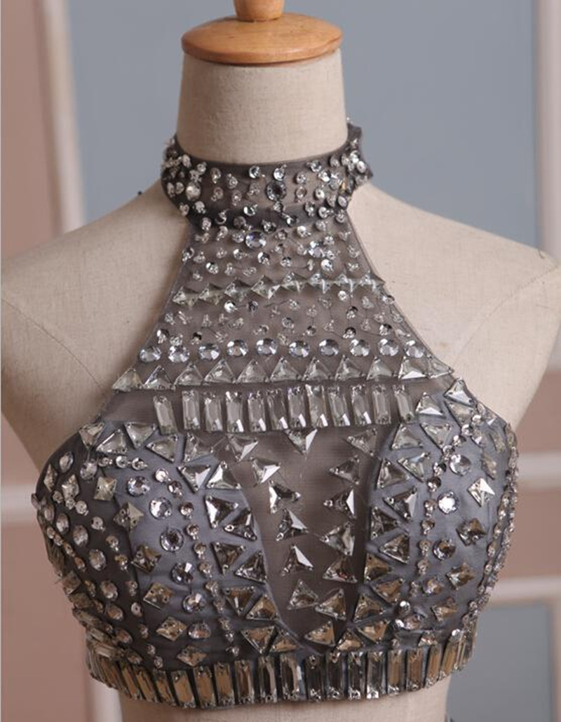 2021 In Stock Real Homecoming Dress Two Pieces Gray Tulle Graduation Gown with Rhinestones High Neck Short Prom Cocktail Party Gown
