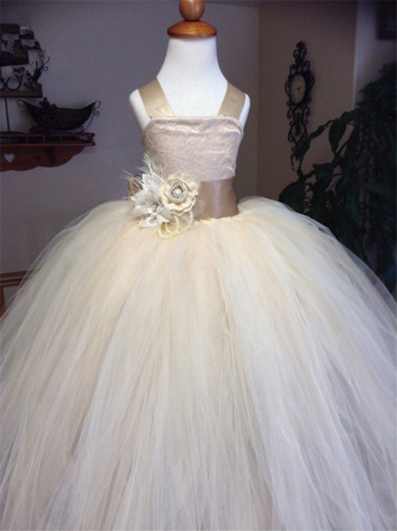 Sexy Princess Lace Ball Flower Girl Dress with Bow Beading Tulle Girls Pageant Gown First Communion Dresses BF25