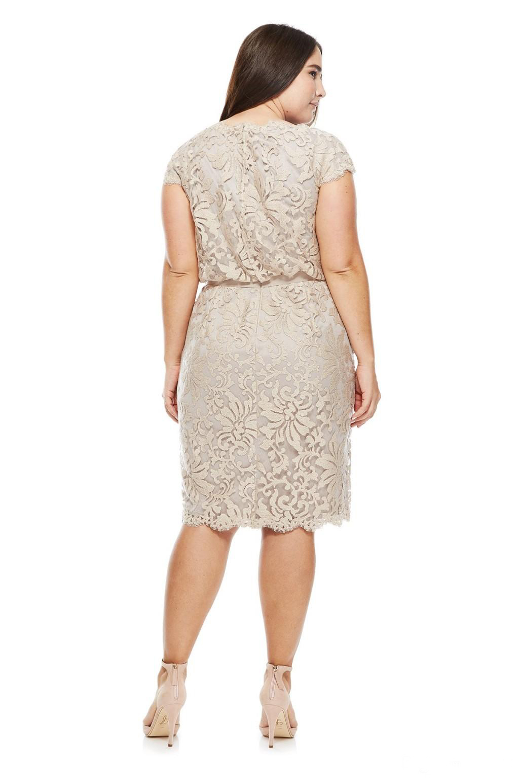 Plus Size Mother Of The Bride Dresses with Sash 2020 Scalloped Neck Fitted Knee Length Champagne Lace Short Bridal Party Dresses