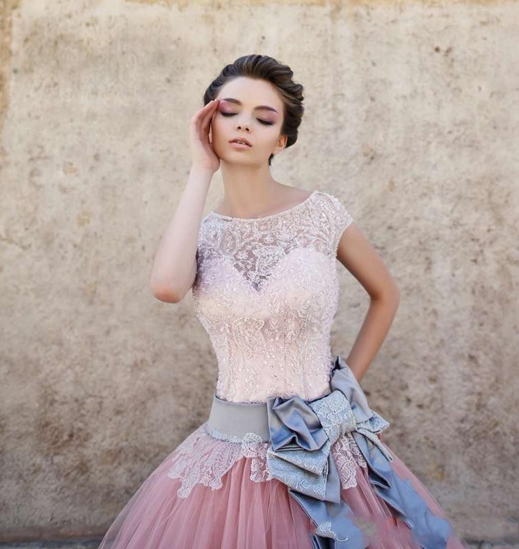 Princess Pink Ball Gown Quinceanera Dresses Cap Sleeves A Line Tulle Beadings Sweet 16 Long Prom Party Gowns Formal Celebrity Pageant Dress