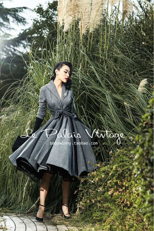 Wholesale-2016 Le Palais Vintage Elegant Retro Grey Stitching Waist Big Pendulum All-Match Long Coat High Quality Women's Clothing