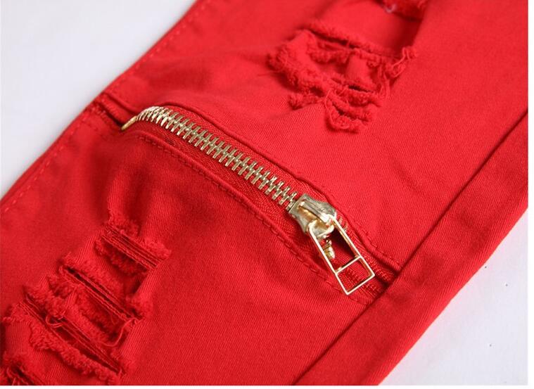 2016 New Red Ripped Knee Hole Club Jeans Men Famous Brand Slim Fit Cut Destroyed Torn Jean Pants For Male Homme