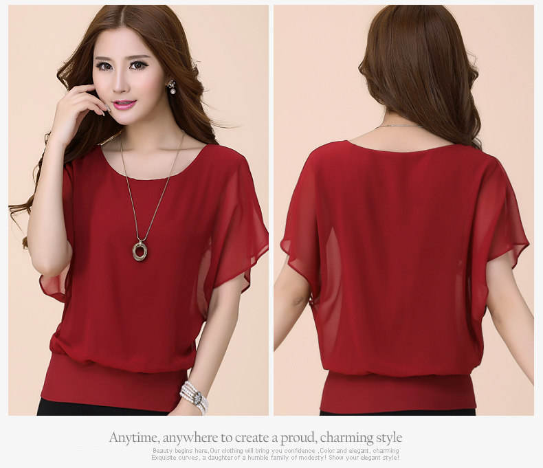 New Womens Tops Fashion 2016 Women Summer Chiffon Blouse Plus Size Ruffle Batwing Short Sleeve Casual Shirt Black White Red Blue
