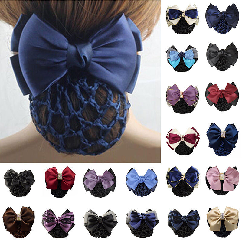 Lady Satin Bow Rhinestone Barrette Hair Clip Cover Net Bun Snood Bowknot Sweet #R48