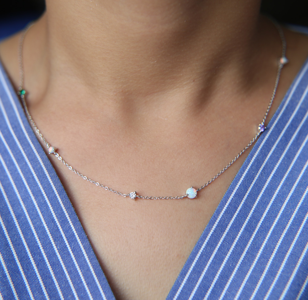 factory fine 925 sterling silver cross thin silver chain cz station opal stone colorful women girl silver minimal necklace