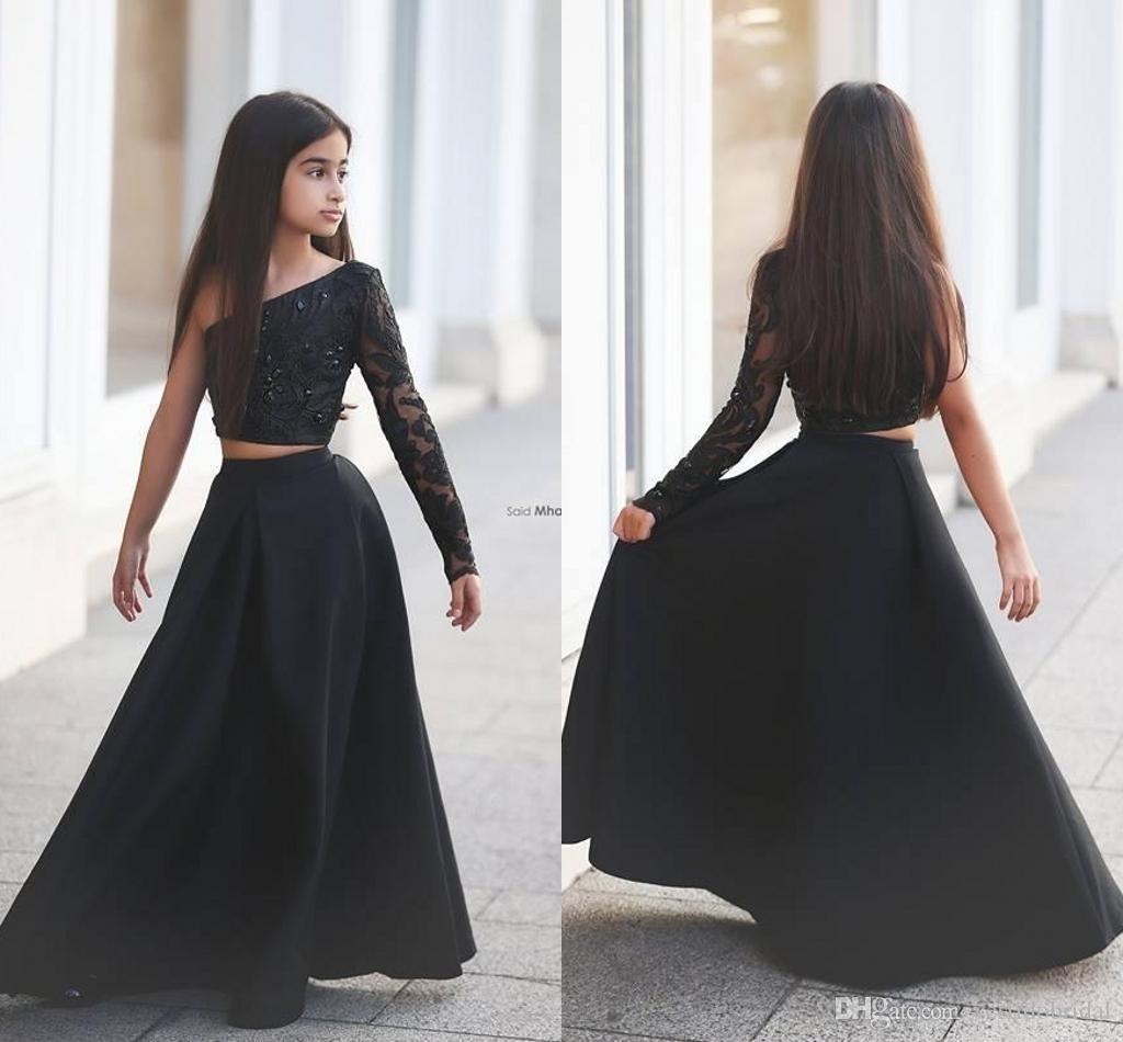 2020 New Modest Girls Pageant Dresses Two Pieces One Shoulder Beads Black Sexy Flower Girl Dress For Child Teens Party Cheap Custom Made