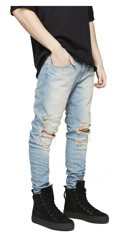 European and American GD Knee High Street Zipper Ripped Tide Water Washed Leisure Pants Men's Jeans