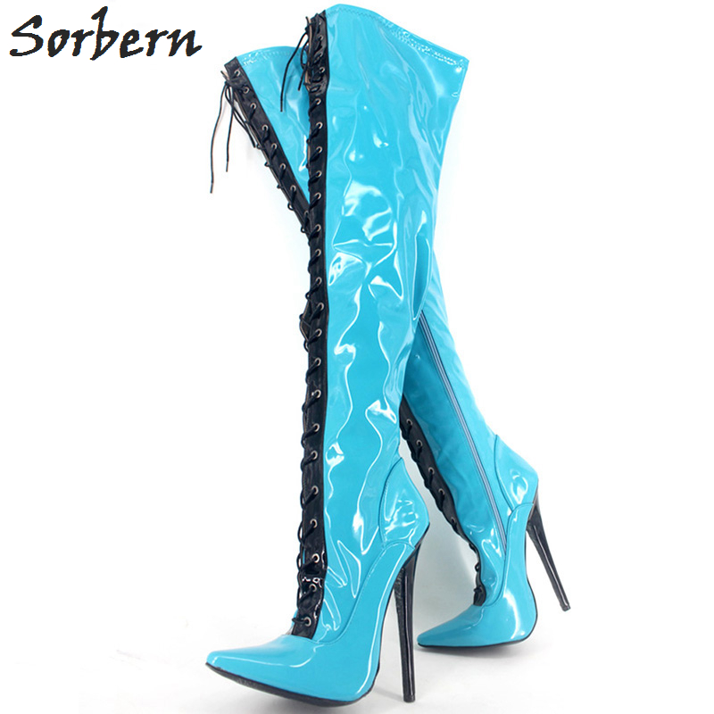 

Mix Color High Thin Heel Boots 18cm Sexy Over-the-knee Long Boots Fashion Solid Zipper Ladies Stiletto Leather Pointed Toe Fetish Shoes, Sky blue with black