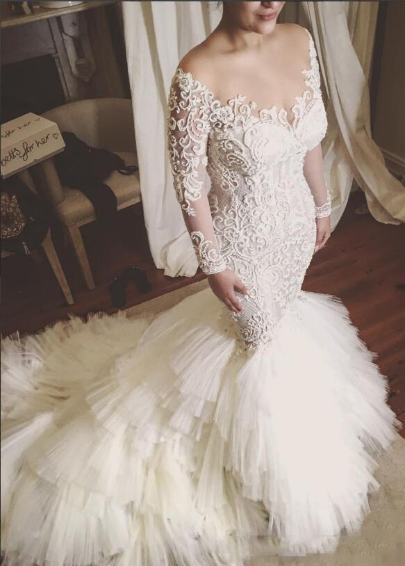 Illusion Jewel Neck Wedding Gown Applique Long Sleeve Covered Button Tulle Tiered Mermaid Bridal Dress Charming Chapel Train Vestido De Novi