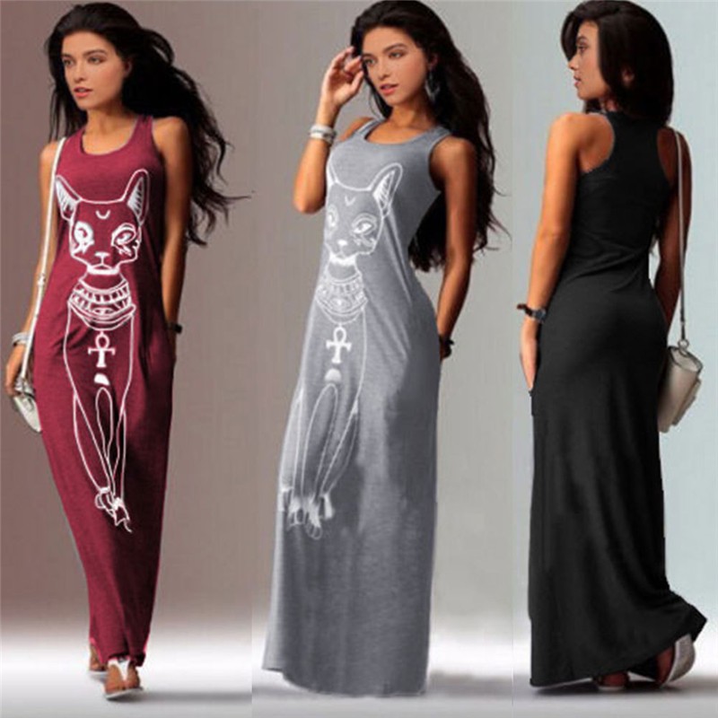 Sexy Evening Party Dresses Women 2016 Summer Dress Vestidos Wine Red Black Sexy Cartoon Cat Print Boho Long Maxi Beach Dresses