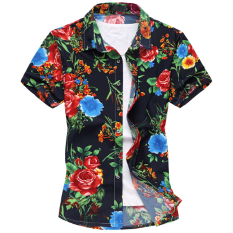 Wholesale-2016 Fashion Mens Short Sleeve Silk Hawaiian Shirt Plus Size M-6XL Summer Casual Floral Shirts For Men