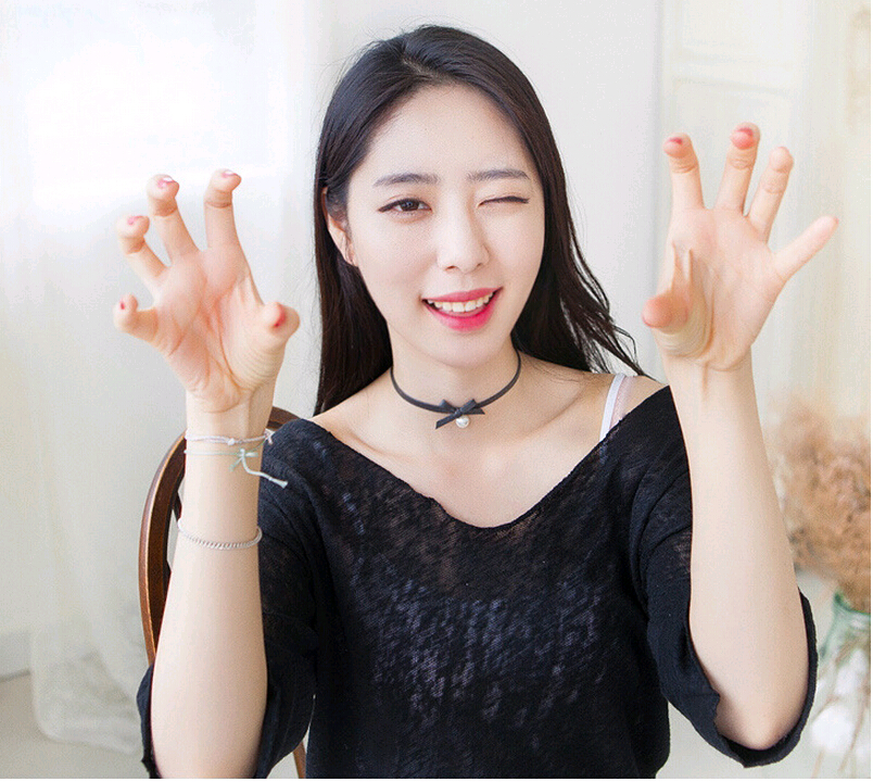 Black White Pearl Choker Necklace Collar Style Bow Leather Punk Collar Bone Torques Necklaces Teen Fashion Jewelry Korean