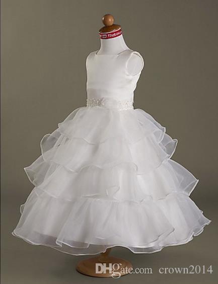 2022 Princess Dresses White Little Girls Fashion Square Neckline Layered Tea-length Beaded Satin Organza Ball Gown Flower Girl Dresses