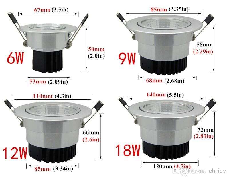 Dimmable LED Recessed Spotlight COB Downlight 6W/9W/12W/15W Silver Ceiling Lamp Warm Cool white AC85-265V