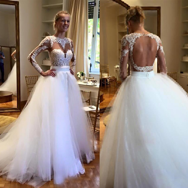 Stunning Wedding Dresses with Detachable Tulle Skirt Sexy Sheath Mermaid Backless Illusion Top Long Sleeve Bridal Gowns Lace Appliques, Champagne
Stunning Wedding Dresses with Detachable Tulle Skirt Sexy Sheath Mermaid Backless Illusion Top Long Sleeve Bridal Gowns Lace Appliques, Champagne