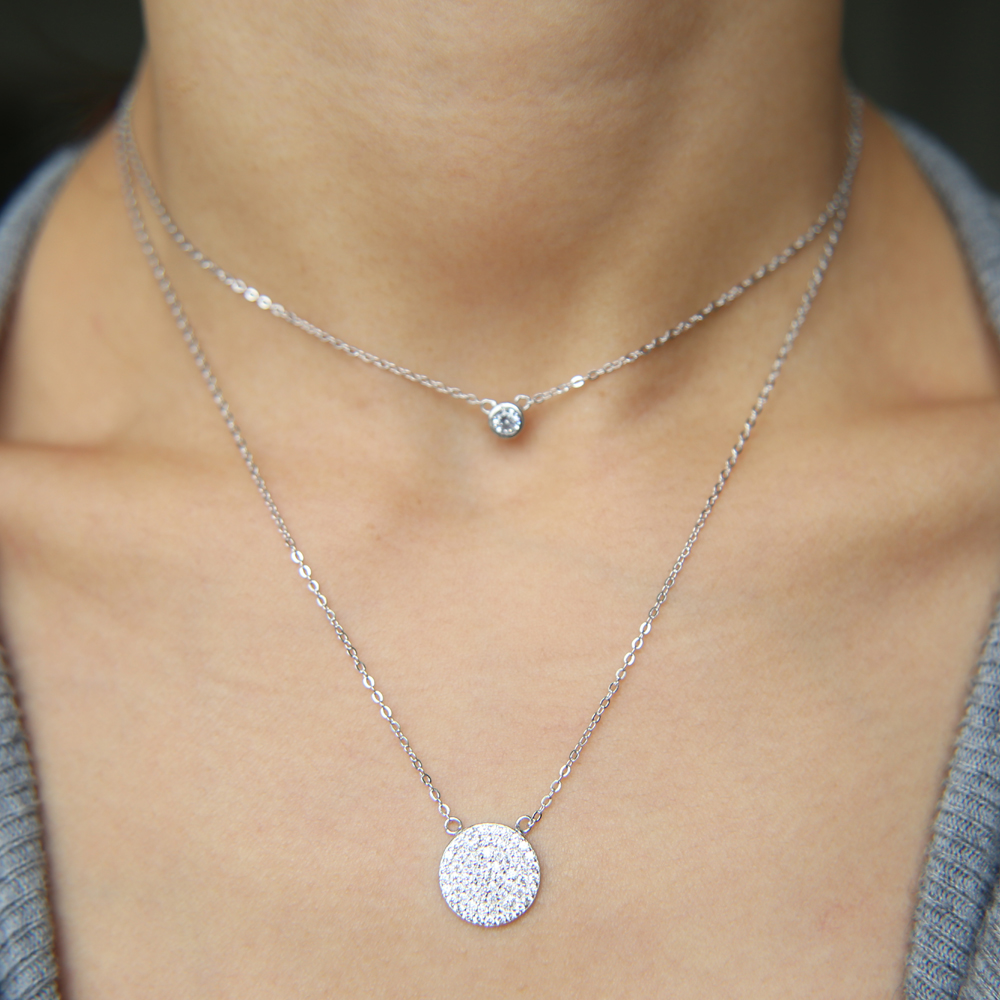 925 sterling silver factory top quality fine fashion big micro pave cz disco charm double layer elegant silver cz necklace