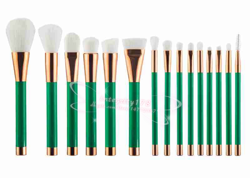 15 pcs set makeup brush, white brush with green handle, pink brush with gold handle, purple brush with black handle, 100 pcs/lot
