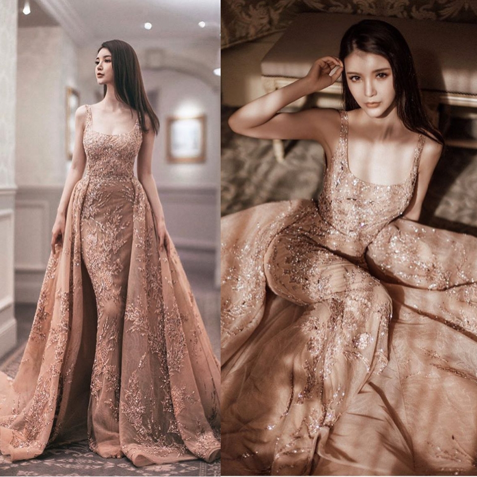 Zuhair Murad Dresses With Detachable Skirt Square Applique Beads Sequins Evening Gowns Sweep Train Sleeveless Dress Evening Wear Prom Gown