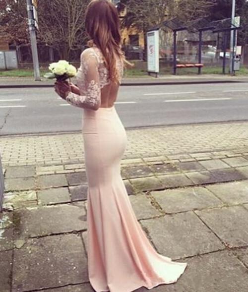 Fashion 2016 Baby Pink Lace And Satin Mermaid Two Piece Prom Dresses Long Cheap High Neck Long Sleeve Backless Formal Dress Custom EN92312