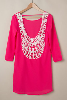 New Sexy Women Chiffon Lace Dresses Lady Solid Color Hollow Long Sleeve Dress S-XXL Free shipping