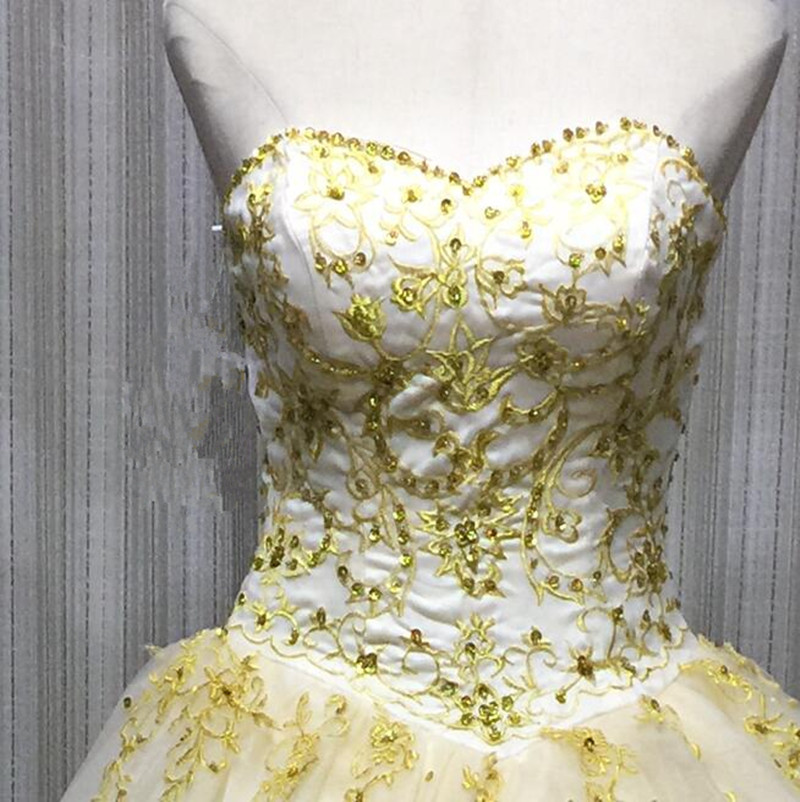 2017 Sexy Gold Embroidery Ball Gown Quinceanera Dress with Beading Sequins Tulle Plus Size Sweet 16 Dress Vestido Debutante Gowns BQ84