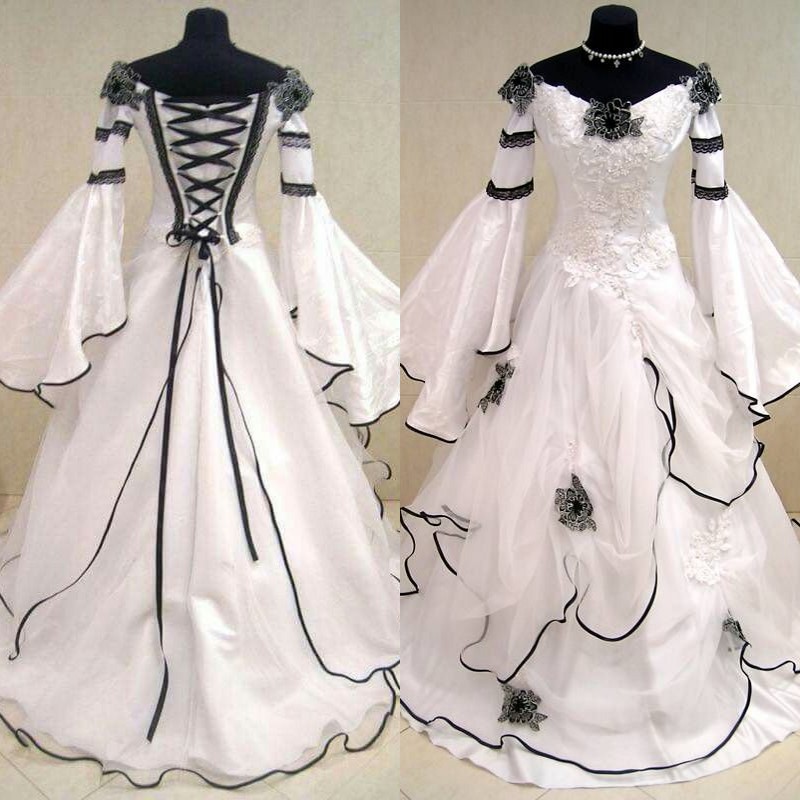 Renaissance Medieval Vintage Black And White Lace Organza Off Shoulder Victorian Wedding Dresses Long Sleeves Applique Bridal Gowns EN10068, Silver
Renaissance Medieval Vintage Black And White Lace Organza Off Shoulder Victorian Wedding Dresses Long Sleeves Applique Bridal Gowns EN10068, Silver