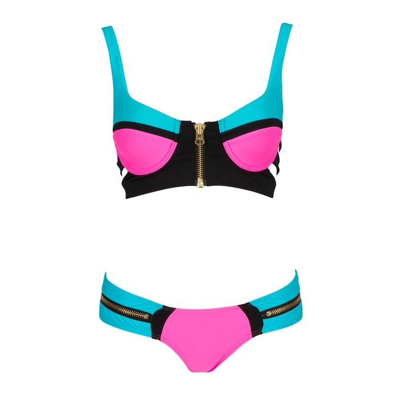 Top and Bottom 2pcs Summer Triple Color Block Halterneck Push up Bathing Bikini Swimsuit Set with Zip Decor Swimsuit 40963 Women Swimwear