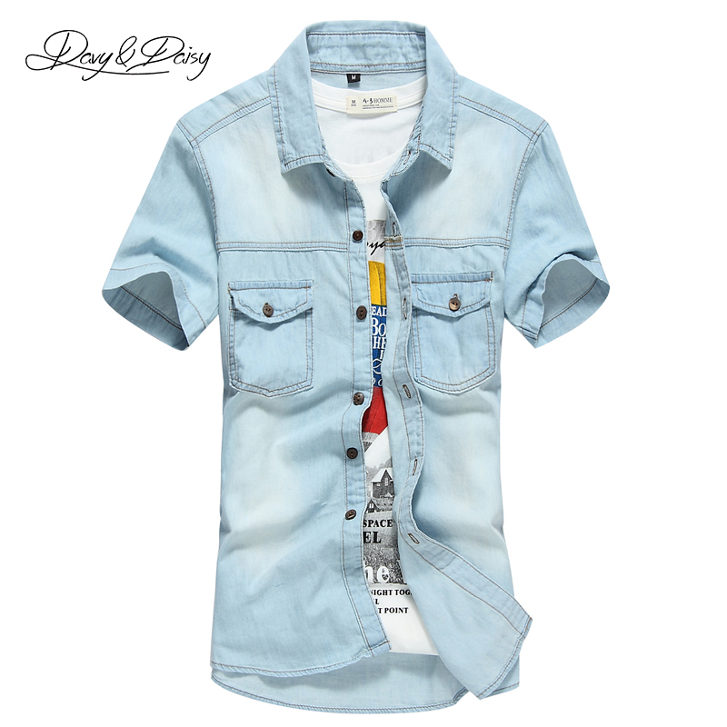 Wholesale-Chemise Homme Shirt Men Cowboy Summer Short Sleeve Casual Turn-Down Collar Fashion Classical Solid Washed Denim Shirt Men DS-062