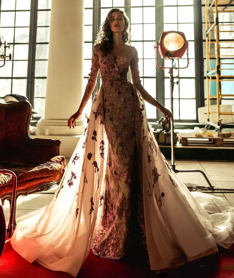 Purple Applique Mermaid Evening Dresses With Detachable Train Sheer Jewel Neck Lace Applique Beads Long Sleeve Prom Dress Sweep Train Plus