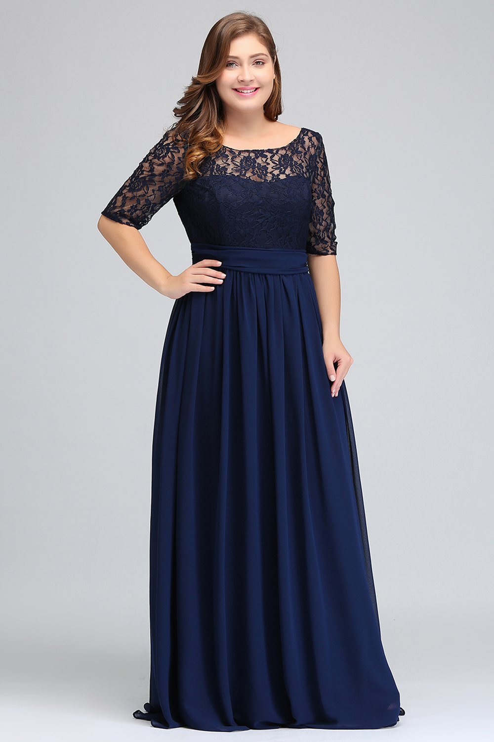 Dark Navy Black Bury Half Long Sleeves Plus Size Prom Lace Top A Line Chiffon V Back Mother Of Bride Dresses Cheap Gowns Cps522