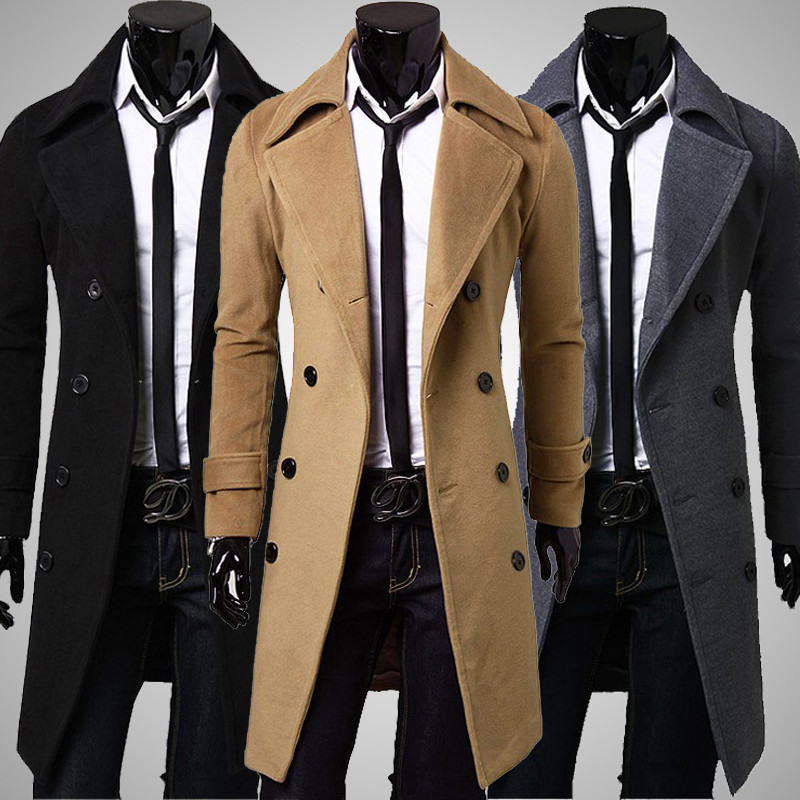 Fall-M-XXXL 3 Colors New Double Breasted long coat men Turn-down Collar men pea coat Plus size male coat Men&#39;s wool coat от DHgate WW