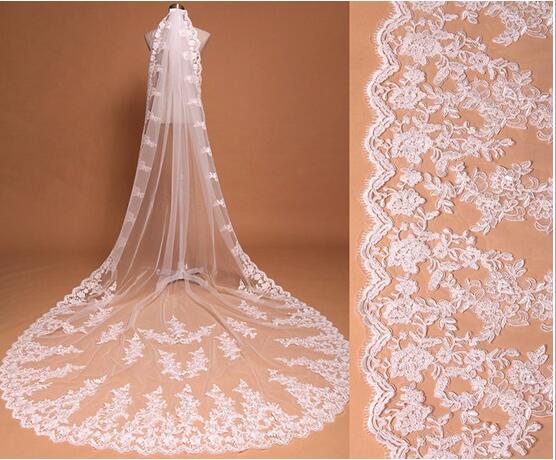 Bridal Veils Three Meters Long Veils Lace Applique Crystals Cathedral Length