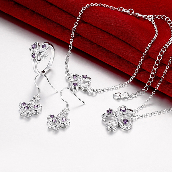 Fashion 925 silver Four Leaf Flower necklace bracelet earring ring a famliy of four jewelry sets STSS034B sterling silver purple gemstone