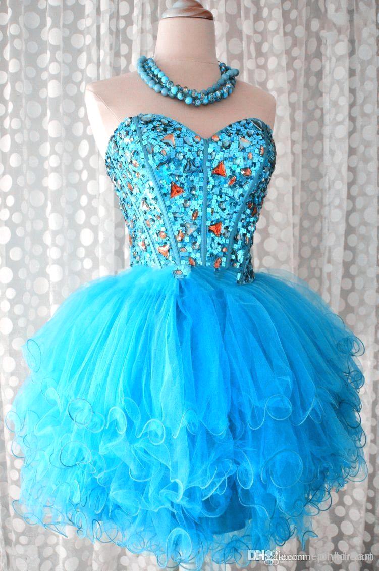 Wonderful Sweetheart Crystals Hot Pink Puffy Tulle Ball Gown Short Homecoming Colorful Rhinestones Cocktail Prom Graduation Dresses BO7806
