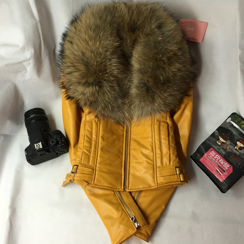 Wholesale-2016 fashion new style genuine leather jacket with big raccoon dog wool women's sheep skin real leather coat for female