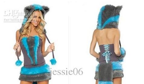 Sexy Furry Fasching Wolf Cat Girl Halloween Costume Cosplay Fancy Party dress up Hat Leg Set Coatee Skirt Full Set Xmas
