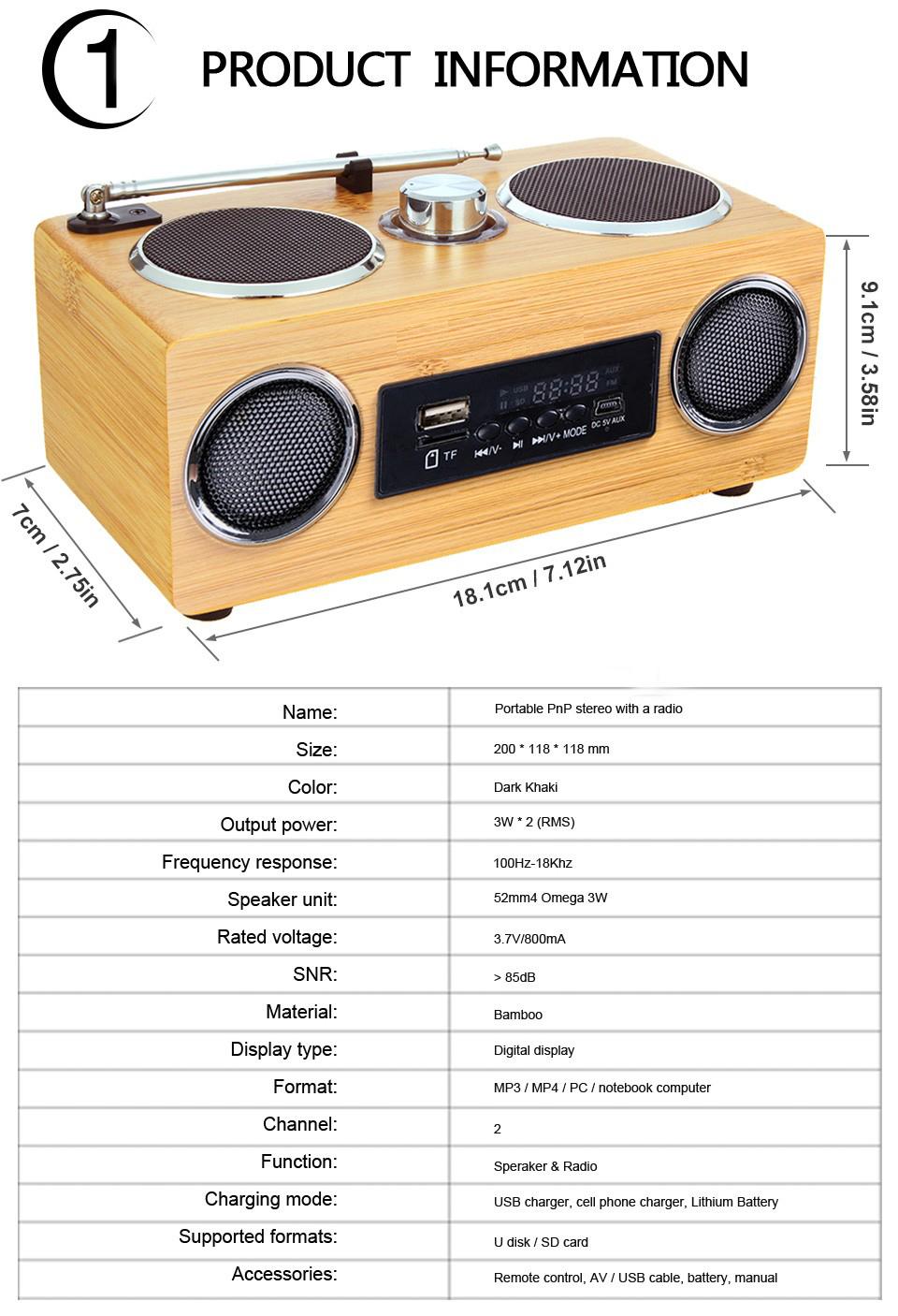 Wireless Bluetooth Multifunctional Bamboo Portable Speaker Bamboo Wood Boombox TF/USB Card Speaker FM Radio with Remote Control MP3 player