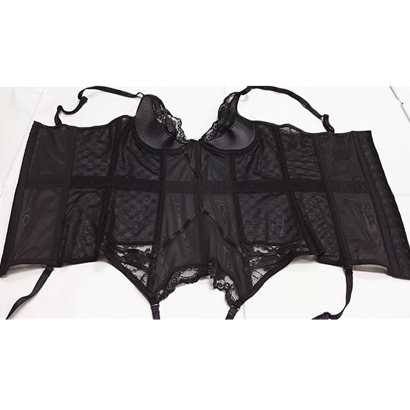 Women's Black Sheer Floral Lace Sexy Lingerie Like Girdle Waist Cincher Mesh Halter Overbust Bustier Corset with Garter Belts 3 Styles