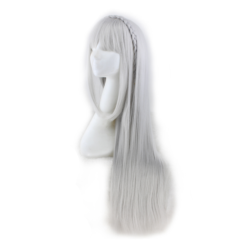 WoodFestival long straight wig with bangs Life in a different world from zero emilia cosplay anime wig grey have braid fiber hair wigs