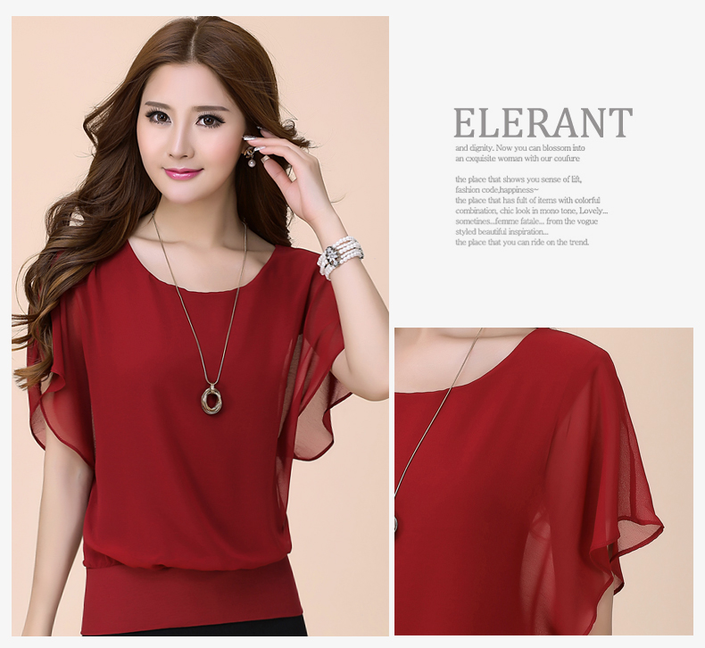 New Womens Tops Fashion 2016 Women Summer Chiffon Blouse Plus Size Ruffle Batwing Short Sleeve Casual Shirt Black White Red Blue